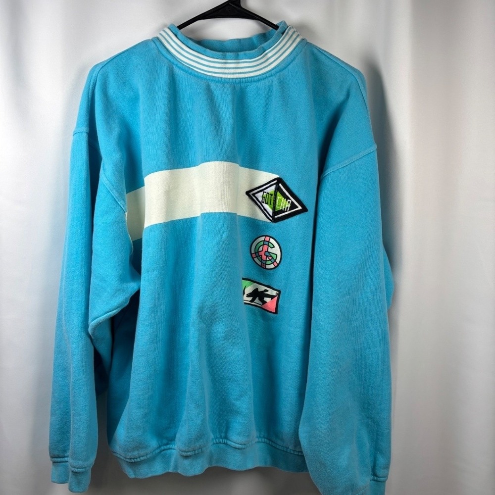 Vintage Gotcha Men's Crewneck Sweatshirt Blue Striped Graphic Patches L 90s